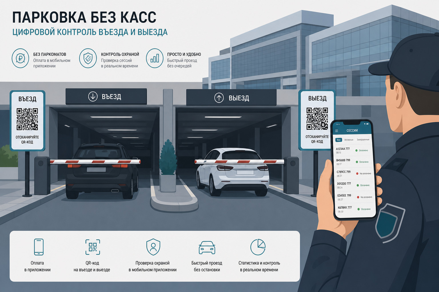 Парковка без паркомата: QR-код для парковки на въезде и выезде, охрана контролирует сессии с телефона