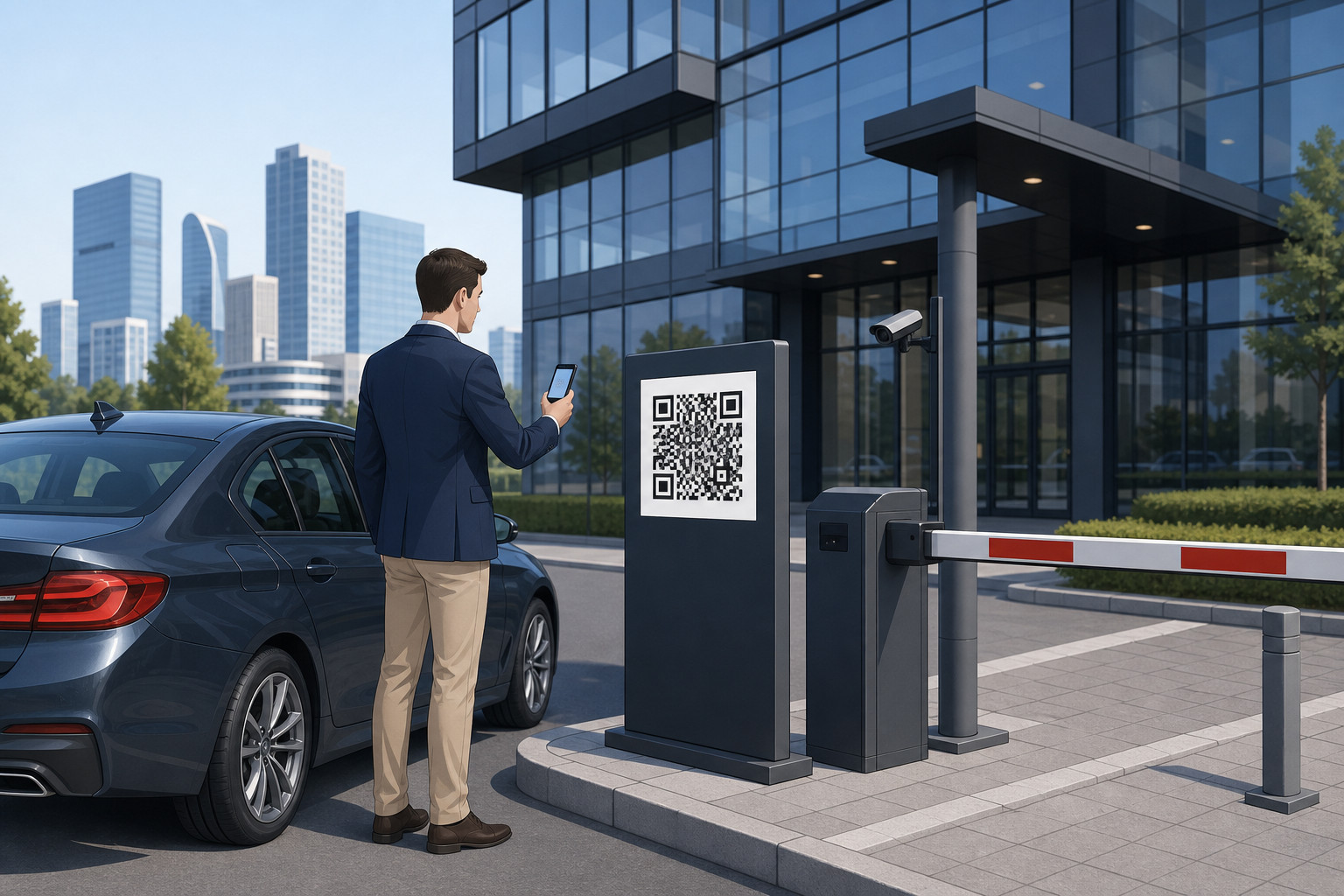 Гостевой въезд на парковку: QR для въезда на парковку, гость сканирует парковочный пропуск QR с телефона