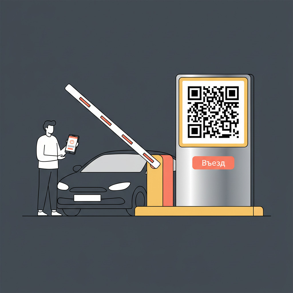 Водитель сканирует QR-код на щите на въезде парковки и открывает сессию в смартфоне